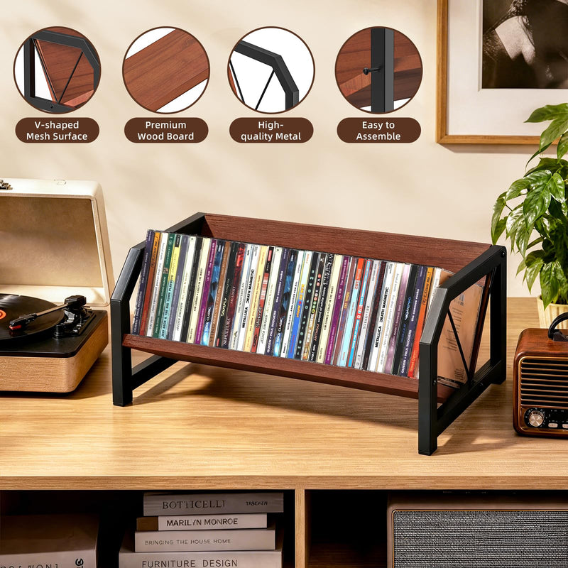CD Holder Rack, Tilting DVD Storage Shelf for Tower Small Space | Store Up to 38 CDs and 30 DVDs, Desktop Bookshelf Organizer, Easy Acess, Sturdy Metal & Wood Construction, Portable Angle Brown-1 Tier