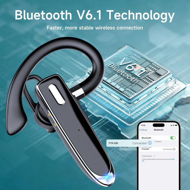 Wireless Single Ear Bluetooth V6.1 Headset, Business Earpiece with Mic | CVC8.0 Noise Cancelling,100H Playtime, LED Display, Dual Device Pairing, Mute Button for Office, Driving, Trucker Black