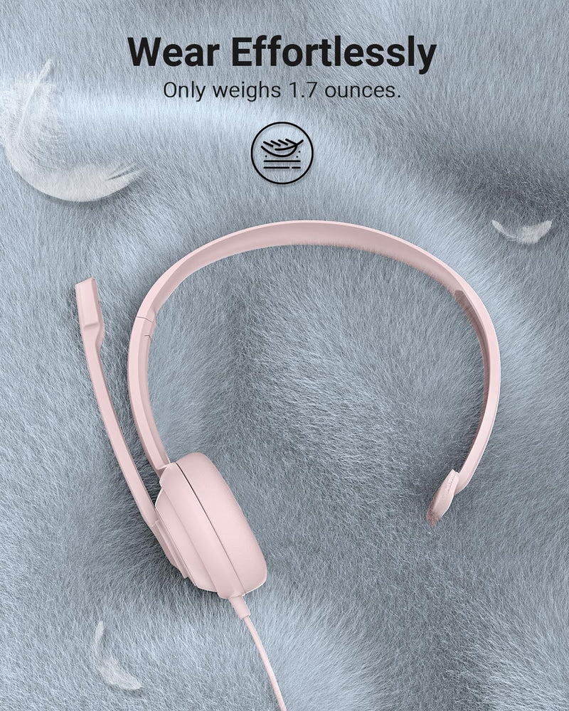 NUBWO HW02 USB Headset with Microphone Noise Cancelling &in-line Control, Ultra Comfort Computer Headphones for Laptop pc, On-Ear Wired Office Call Center Headset for Boom Skype Webinars (Pink) 1 pack Pink