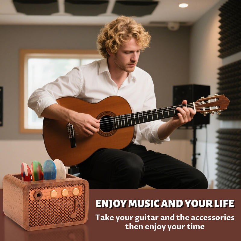 Lampeez Amp Shaped Guitar Pick Holder, Walnut Wood Pick Stand for Picks Storage and Display, Gifts for Guitar Players Enthusiasts color-walnut