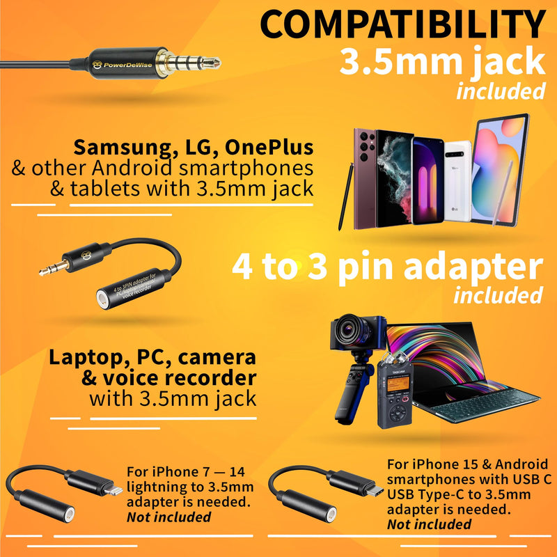 PowerDeWise Professional Grade 2 Lavalier Clip-On Microphones Set for Dual Interview - Double Lav Lapel Microphone - Use for iPhone Phone Camera - Video Recording Noise Cancelling 3.5mm Mic Black