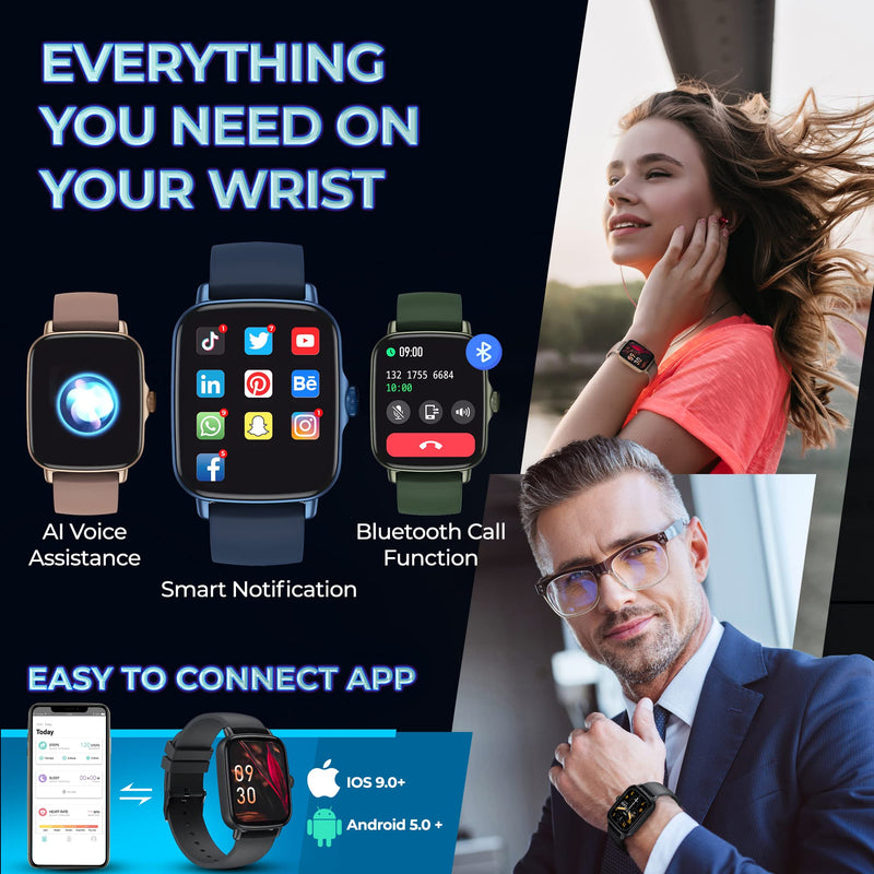 Smartwatch for Men & Women - Multi-Function Health Fitness Watch w/Accurate All- Day Sleep, Step & Heart Rate Monitoring - Waterproof iOS and Android Smart Watch for Women & Men (Black) Black