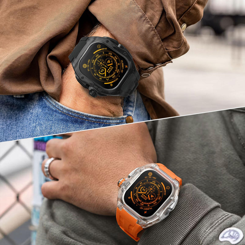 Translucent Designer Rugged Case and Band Compatible for Apple Watch Ultra 3/2/1 49mm, Luxury Tactical Crystal Clear Military Protector for iWatch, B-BR Black/Black-49