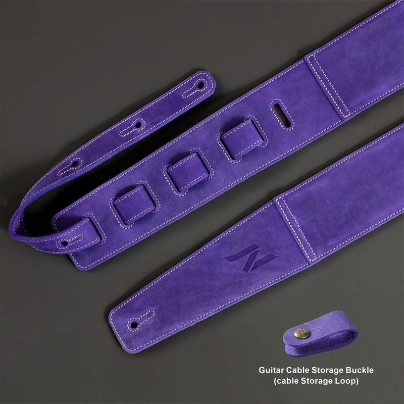 Nefelibata 3" Guitar Strap in First Layer Leather with Foam Padding and Cable Storage Loops for Bass, Electric and Acoustic Guitars (Lavender Purple) Lavender Purple