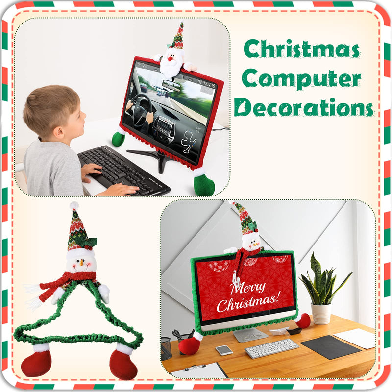 Funtery 2 Pcs Christmas Computer Monitor Cover, Christmas Office Decoration | Fits Computer Laptop Screens, Office Snowman Santa Home Festive Decor, Elastic Stretch Design