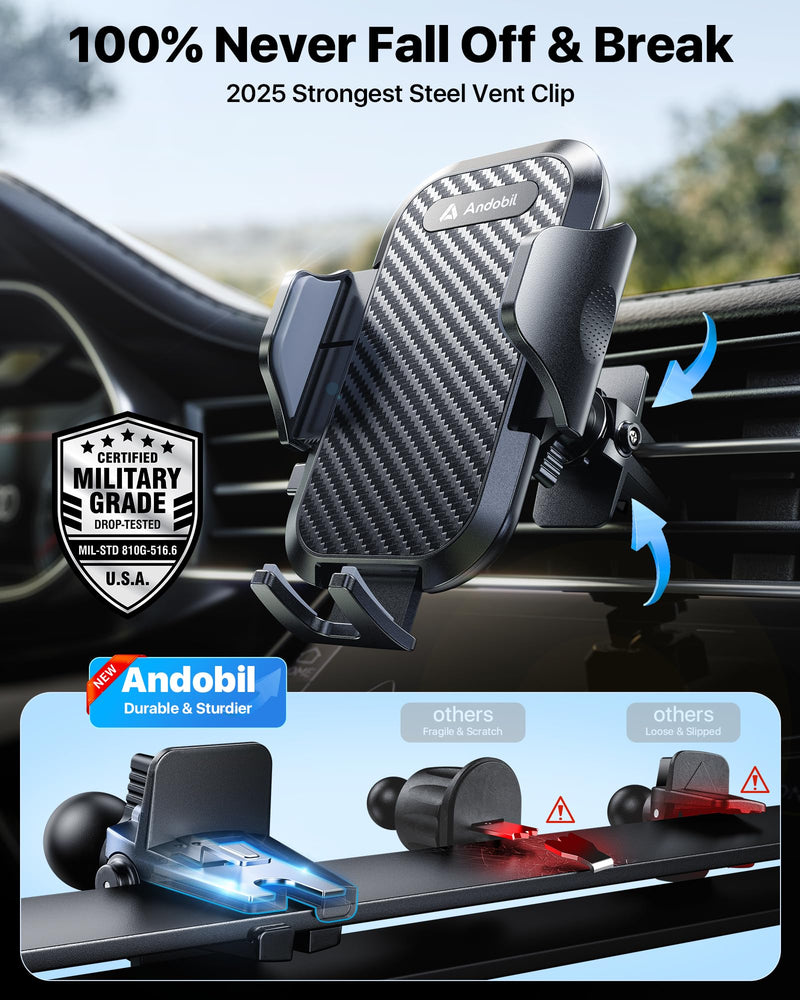 andobil Car Phone Holder, 2026 Military-Grade 89lbs Strongest Suction Phone Holders for Your Car Dashboard/Windshield/Vent Easy Clamp Car Phone Mount Stand for iPhone 17 16 15 14 13 Pro Max Samsung Black