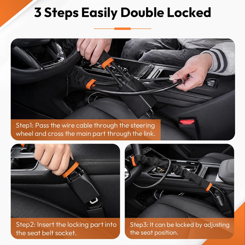 Car Steering Wheel Lock, 1PC Car Anti Theft Device, Seat Belt Lock | Thickened Steel Wire, Max 17” Locking Length, Easy Storage, 3 Keys, Fits Most Vehicles, Trucks, SUVs, Vans (Black) Black 1