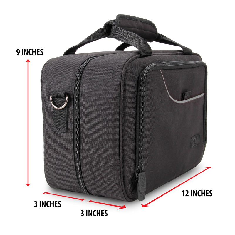 USA GEAR Podcast Equipment Case - Audio Interface Case Compatible with Focusrite Vocaster One Studio and More Studio Equipment - Customizable Interior, Shoulder Strap, and Padded Interior - Black