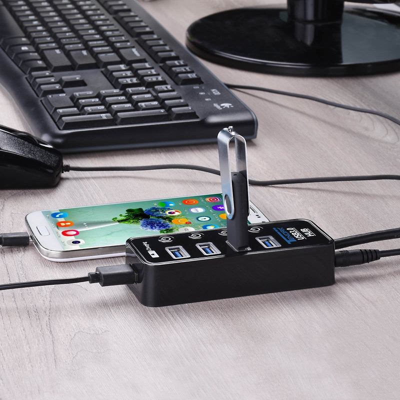USB 3.0 Hub, Tendak USB Hub with 4 USB 3.0 Data Ports + 1 USB Smart Charging Port and Power Supply Adapter with Individual On/Off Port Switches for PS4 Pro PS4 Slim Xbox One