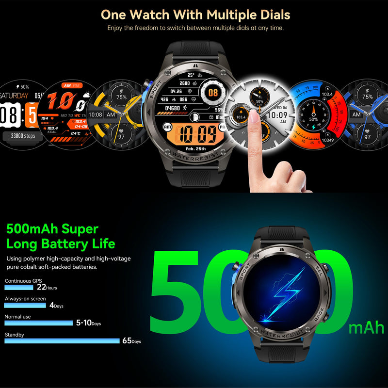 GPS Smart Watch Running Watches, Military Smart Watches with Bluetooth Call Heart Rate Monitor Pedometer Step Counter, Barometer Altitude Compass Smartwatches for Android iOS Phones Silver