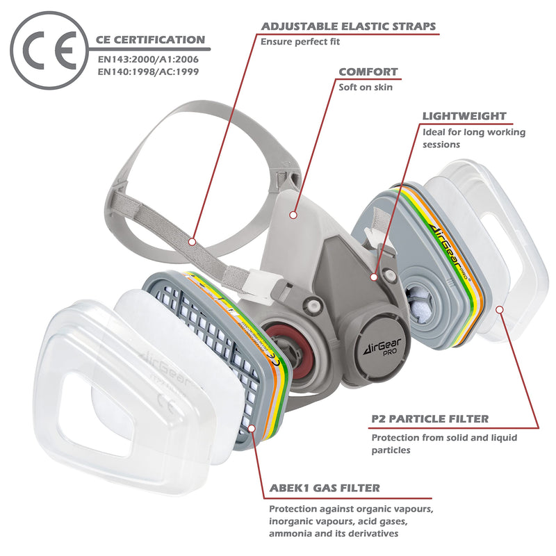 AirGearPro M-500 ABEK1-P2 Reusable Respirator Mask | Anti-Dust Gas mask Ideal for Spray Painting, Sanding, Building work, Chemical, DIY and more. Multi-gas Respirator