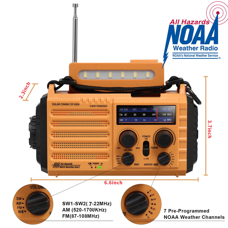 [AUSTRALIA] - 5000 Weather Radio,Solar Hand Crank 5-Way Power Emergency Radio,AM/FM/Shortwave/NOAA Alert Survival Portable Radio,Power Bank USB Charger,Camping Flashlight,Reading Lamp,Headphone Jack,SOS,Compass Yellow 