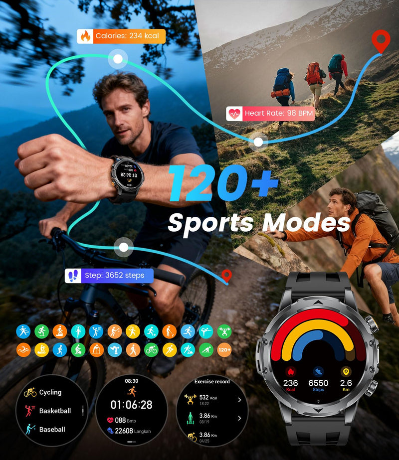 1.53'' Smart Watches for Men with 1000mAh Battery/Flashlight, Military Smart Watch with 120+ Sports Modes, Heart Rate/Sleep Monitor/IP68 Waterproof, Fitness Tracker for Android iOS, Jet Black