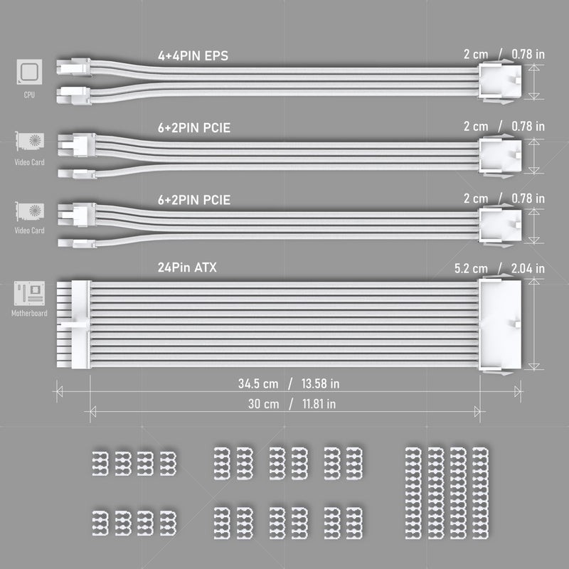 EZDIY-FAB PSU Extension Cable Sleeved Custom Mod PC Power Supply Cable, Soft Nylon Braided with Comb Kit 24PIN/8PIN to 6+2Pin/ 8PIN to 4+4PIN-30CM 300MM - All White Edition Pure White