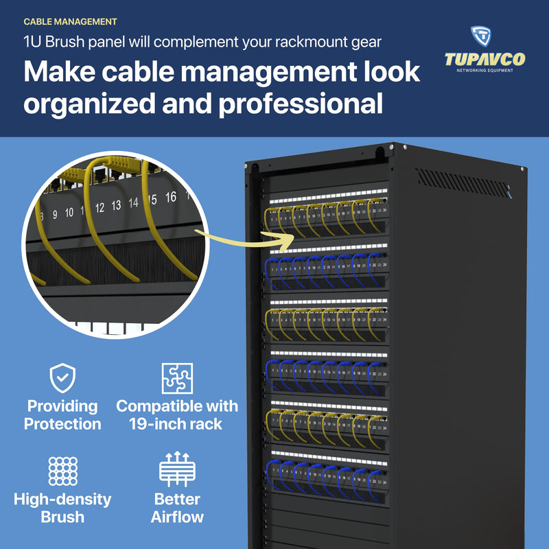 1U Brush Panel (2 Pack) 19 inch Rackmount Strip Cable Management Spacer for Network Server Rack Cabinet Enclosure - High Density Filler (Increased Airflow - Decreased Dust Acumulation) Tupavco TP1710 2 Pack