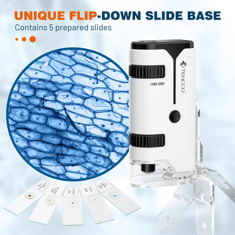 100x-250x Mini Pocket Microscope for Kids Adults, Protable Handheld Microscope with 5 Microscope Slides, Phone Adapter, Miniscope Portable Microscope Kit for Kids Adults Science Lab Education,White White