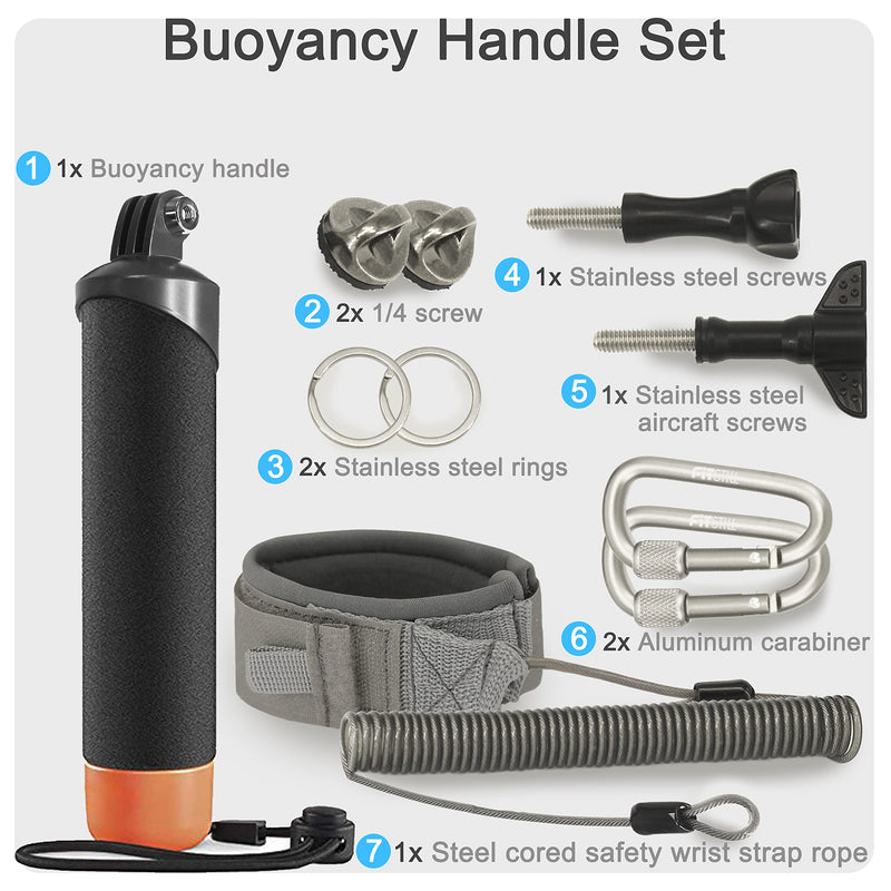 FitStill Waterproof Monopod Floating Hand Grip Snorkeling Selfie Pole Stick +Steel cored Safety Wrist Strap Rope for Go Pro Hero 12/11/10/9/8/7/6/5 Max Session DJI Osmo and Other Action Cameras