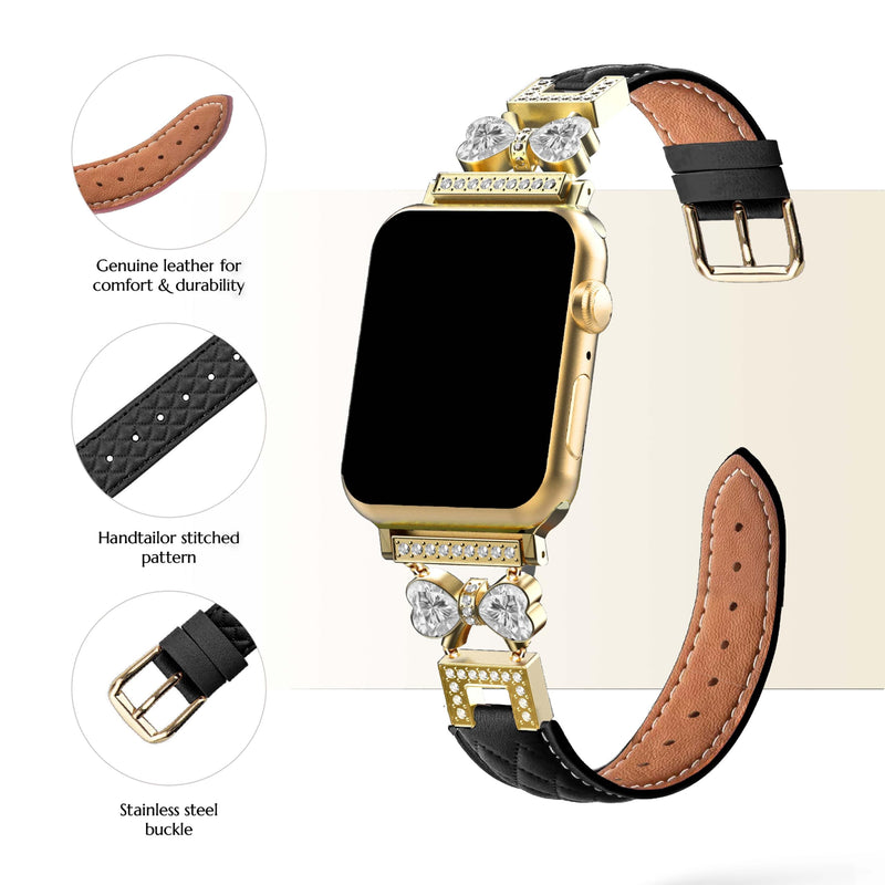 Diamond Bowknot Grainy Genuine Leather Watch Band, Compatible with Apple Watch Series 11/10/9/8/7/6/5/4/3/2/1/Ultra/SE, for 38/40/41/42/44/45/49/46mm, Dreesy Strap Black & Gold 42(Series 10-11)/38/40/41mm