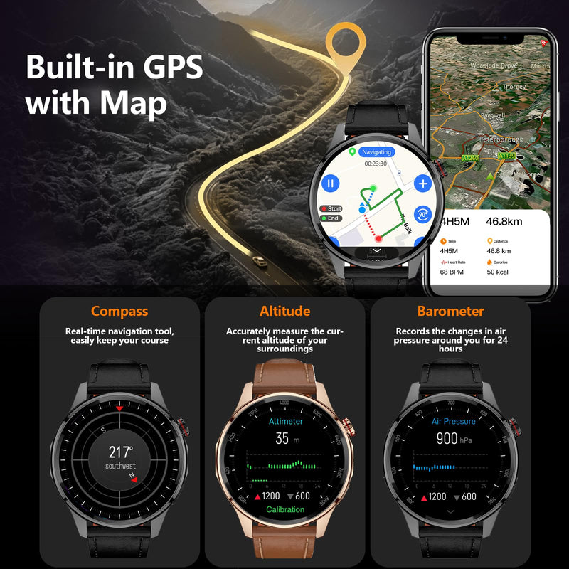Smart Watch, GPS & Free Maps, AI, Bluetooth Call & Text, Health, Sleep & Fitness Tracker, 100+ Sport Modes, Waterproof, Long Battery Life, Waterproof, Compass, Barometer, 2 Bands Smartwatch for Men Black with GPS+Map