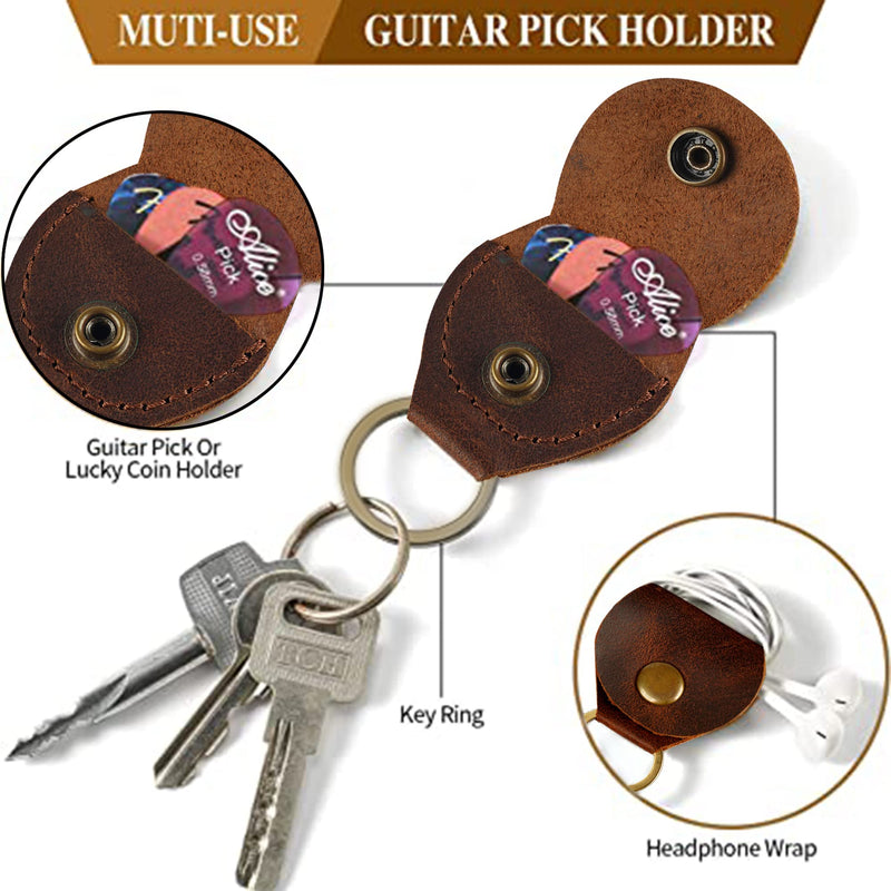 Rustic Leather Guitar Pick Holder, Keychain Key Organizer, Handmade :: Brown