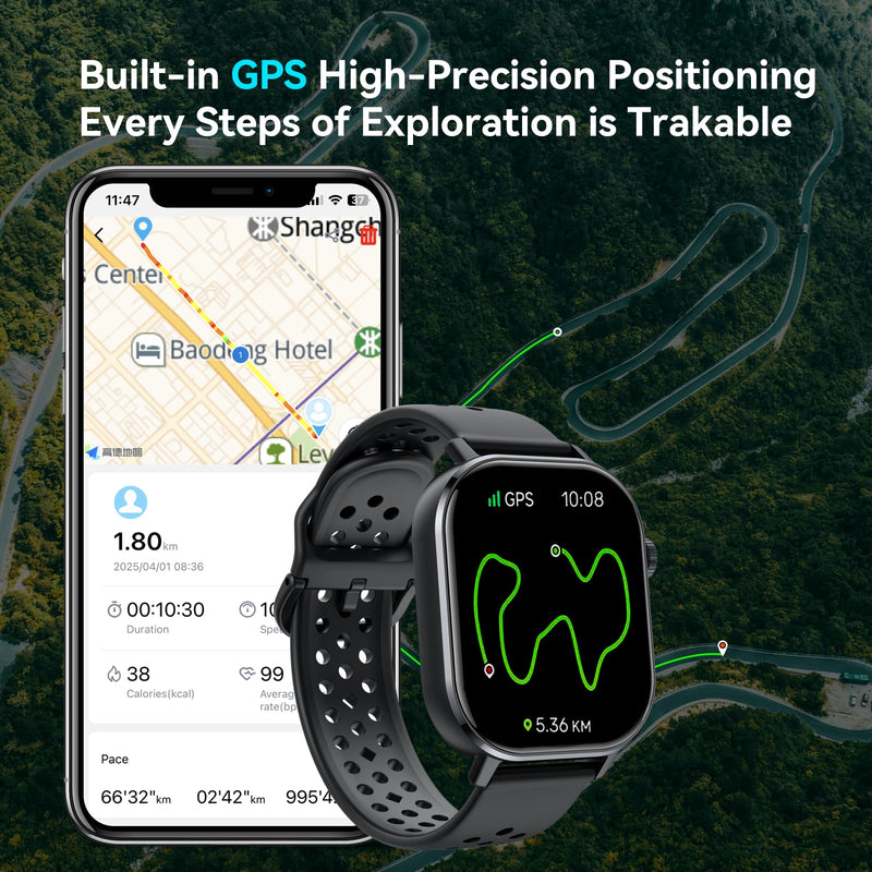 Smart Watch for Men GPS, 2.06"HD AMOLED Military Multisport Fitness Tracker with Bluetooth Call/Compass/Barometer/Altitude 5ATM Water-Resistance Heart Rate/Sleep Monitor, Outdoor for Android iOS Black