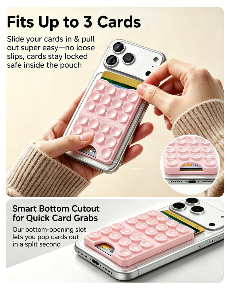 Silicone Suction Cup Card Holder Suitable for Phone Cases, Phone Wallet Stick to The Back of The Phone, Can Hold Up to 3 Cards, Suitable for Selfies and Videos, 2.28"x3.54" (Chalk Pink) Chalk Pink