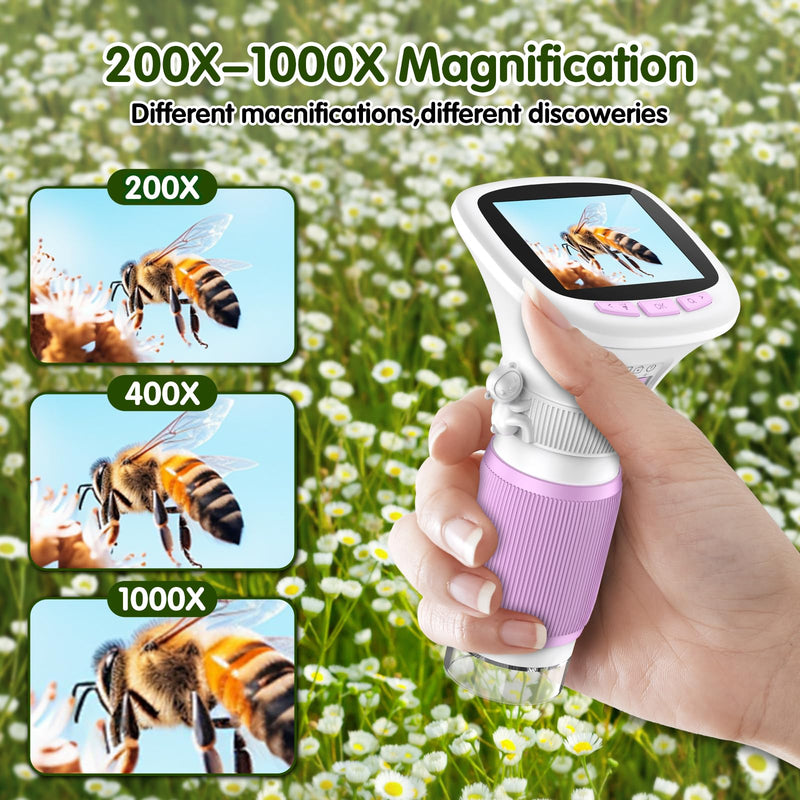 [AUSTRALIA] - Microscope for Kids, EDCREATY 200X-1000X Portable Pocket Handheld Microscope, 2.4 High-Definition Screen, 200W Pixels for Birthday Christmas Holiday Toys Gifts for 5 6 7 8 9 10 11 12 Kids Purple+While 