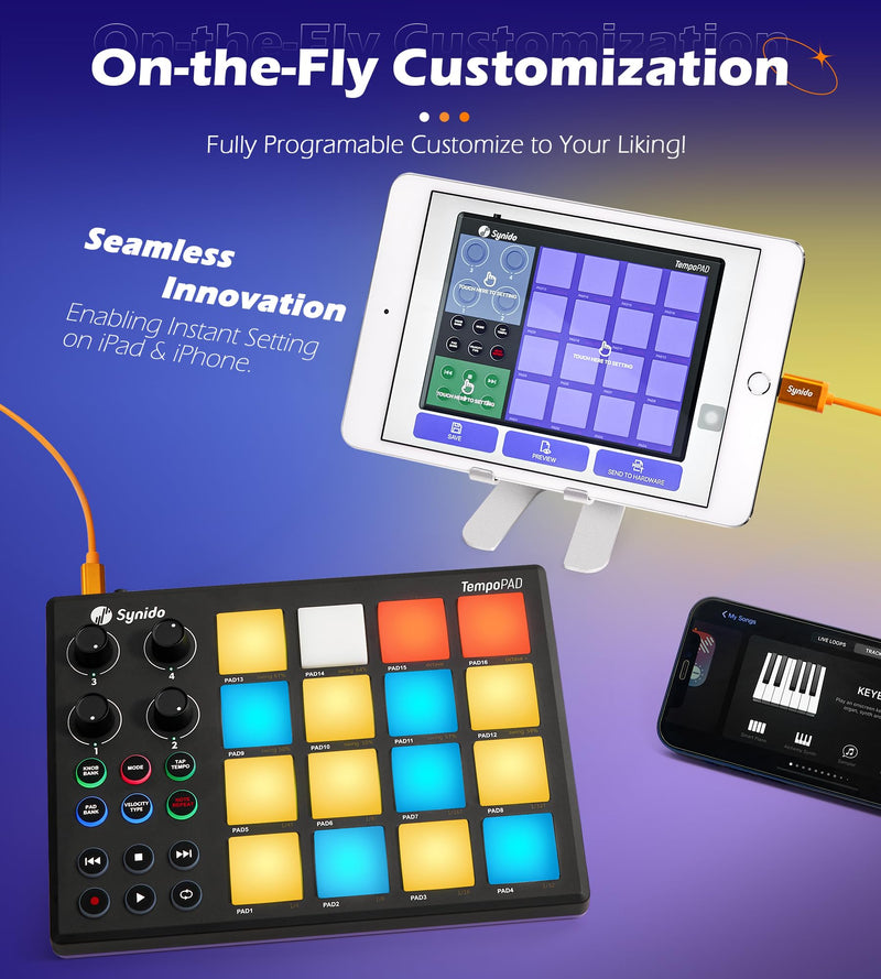 [AUSTRALIA] - Synido TempoPAD Midi Controller Beat Maker Machine for Music Production, Portable USB MIDI Beat Pad Controller for Beginners with Durable Carrying Bag, 16 Backlit Beat Pad, 4 Assignable Knob Black 16 MIDI 