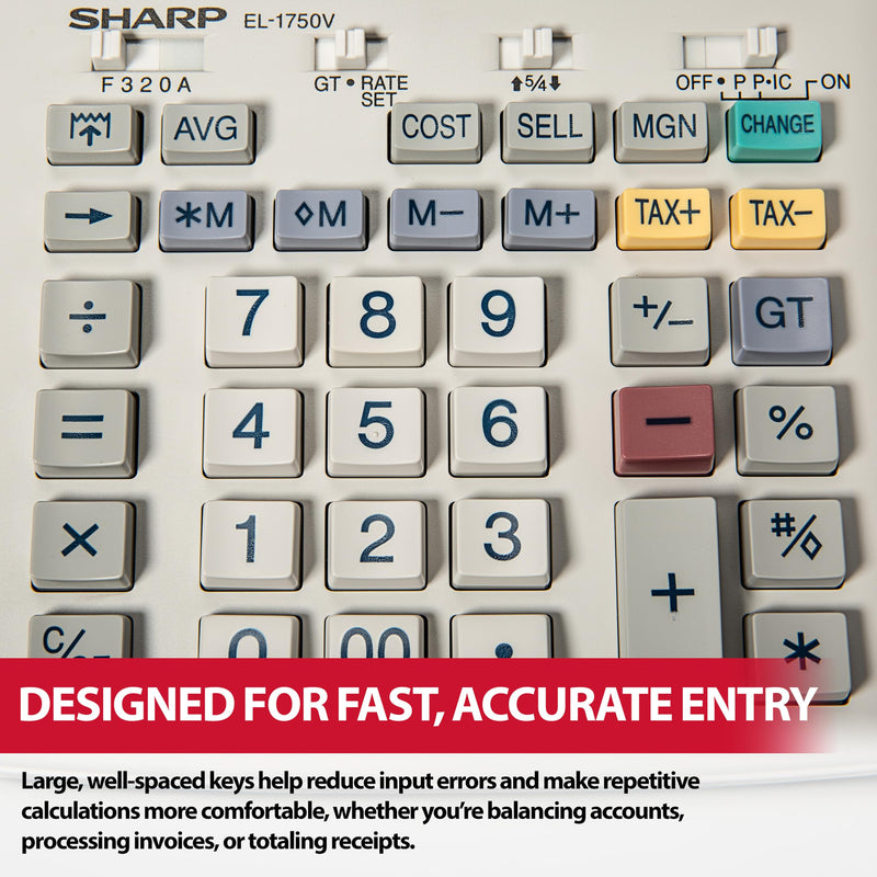 Sharp EL-1750V Two-Color Printing Calculator 2 Lines/Sec 3" Black/Red Off-White