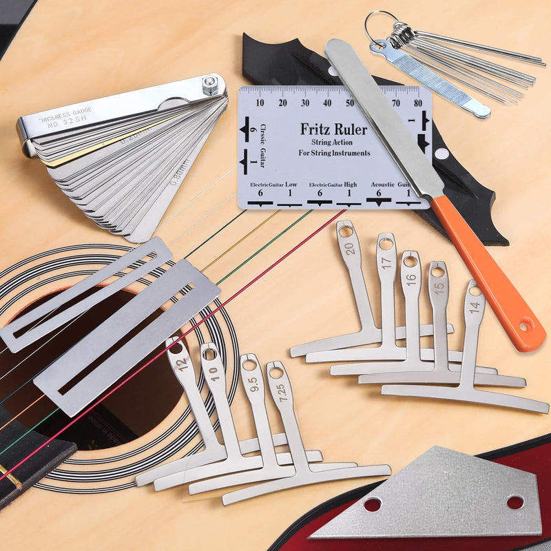 Guitar Luthier Tool Set,Including Fret Crowning File,Guitar Radius Gauge,String Action Ruler Gauge,Blades Feeler Gauge,Needle File,Fingerboard Guards for Guitar and Bass Setup