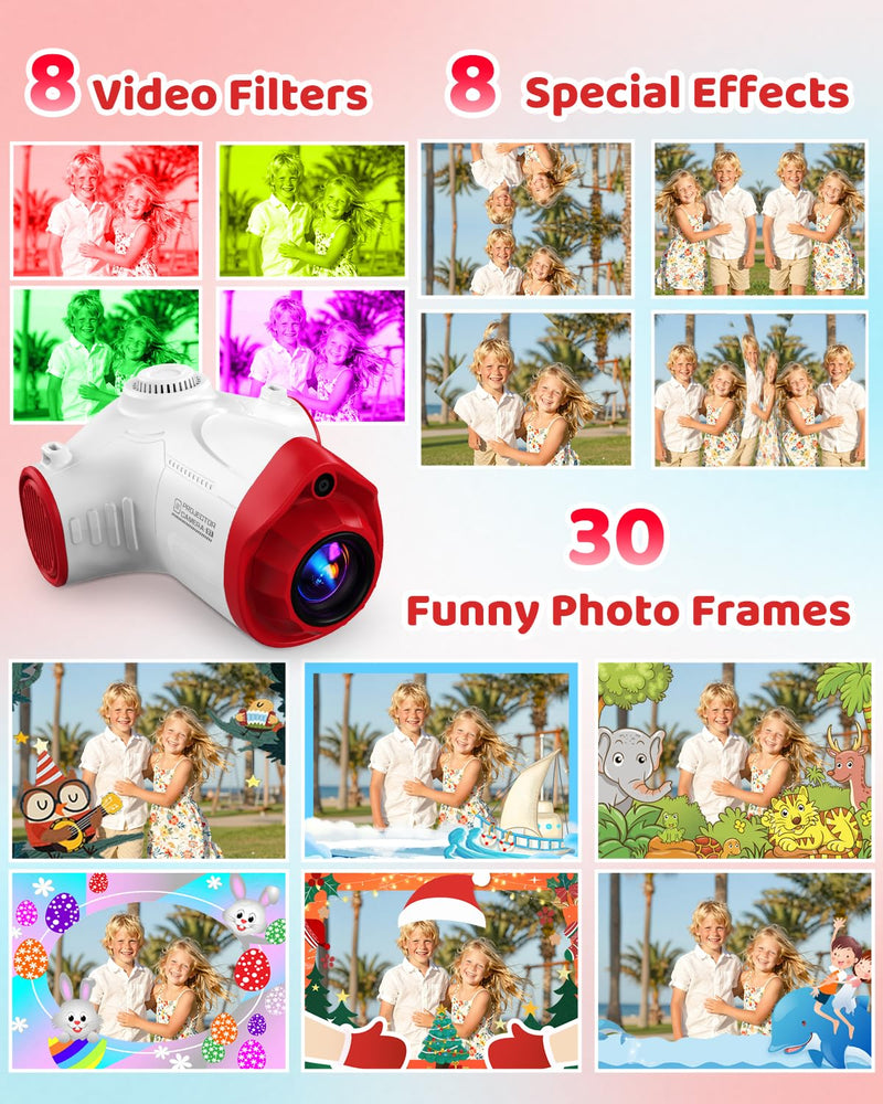 Kids Camera with Projector, 1080P Digital Video Camcorder, 48MP Photo Camera, Portable Toddler Camera Christmas Birthday Travel Gift Toy for Boys Girls Age 3 4 5 6 7 8 9 10 11 12, White