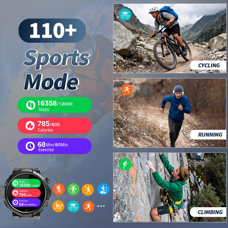 Smart Watches for Men (Answer/Make Call), 1.53" HD Military Smartwatch, 50+ Days Extra-Long Battery Life Fitness Tracker, Flashlight/110+Sports/Heart Rate/Sleep Monitor/IP68 Waterproof Android iOS