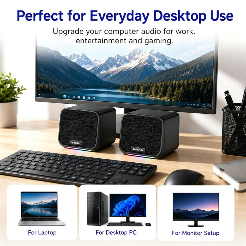 Computer Speakers USB-A Powered Wired Stereo Desktop Speakers with 3.5mm Aux Plug No Bluetooth for PC Laptop 2026, Brown
