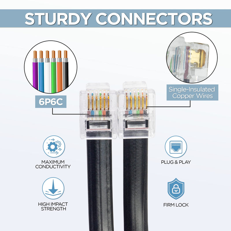 Volcora [2 Pack 5 Feet RJ11 / RJ12 Data Cable - Heavy Duty 6-Pins High-Speed Extension for Cash Register Drawer, Telephone, Modem, Fax, Printers, and More - Drawer Cable for Voice and Data 2 5 ft