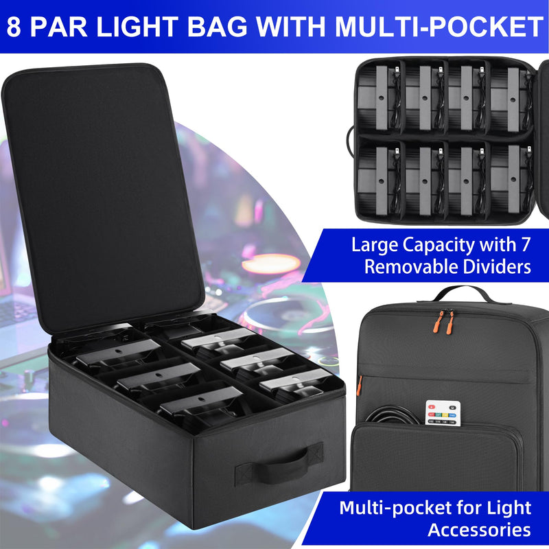 Par Light Bag Soft Padded for 8 Par Lights, Stage Lighting Case with Removable Dividers & Backpack-strap & Handle, Lights Bag with Large Pocket for Par Light, Spotlight, Led Light, DJ Light 8 Par Light Bag
