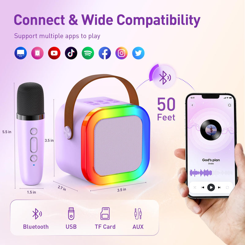 Mini Karaoke Machine: Mini Karaoke Machine with 2 Wireless Karaoke Microphones and Light for Family Home Party - Portable Singing Karaoke Speaker - Stage-subwoofers (Purple) Purple