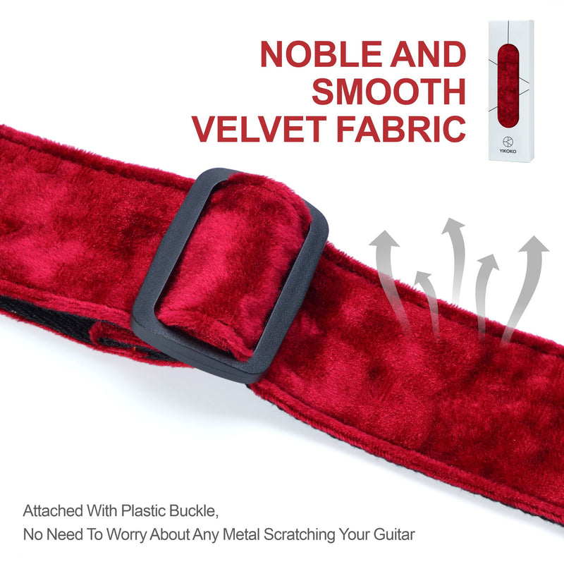 Guitar Strap 2 inch Velvet Guitar Straps with Full Grain Leather End, for Bass Electric and Acoustic Guitars, Free Strap Button, 2 Strap Locks and 4 Guitar Picks Red
