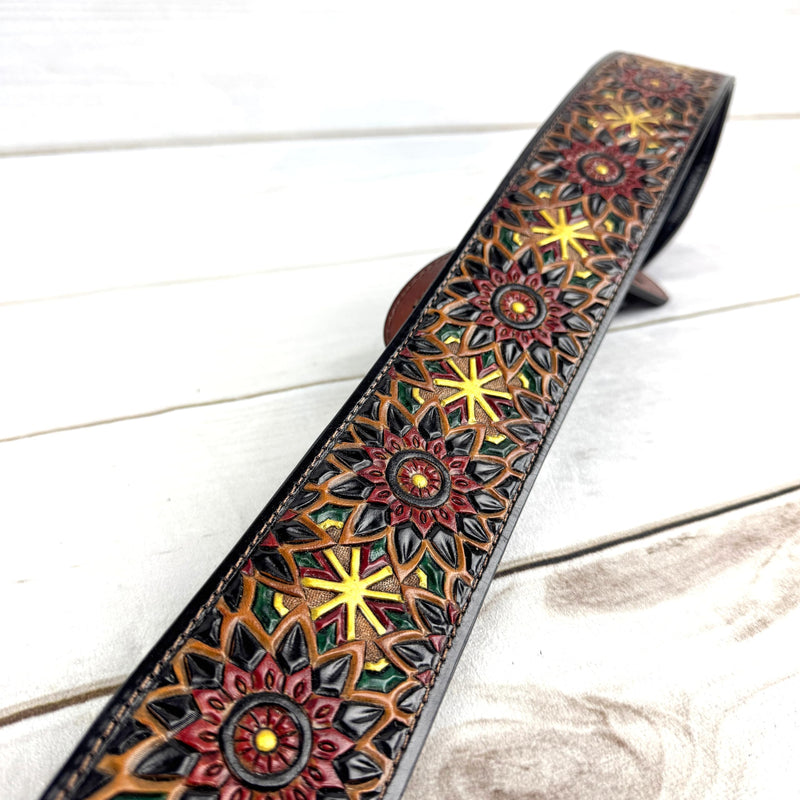 Walker & Williams LIH-2 Black And Brown Hand Carved Premium Leather Guitar Strap With Gold Earth Zodiac Star Design And Premium Padded Back For Acoustic, Electric, And Bass Guitars