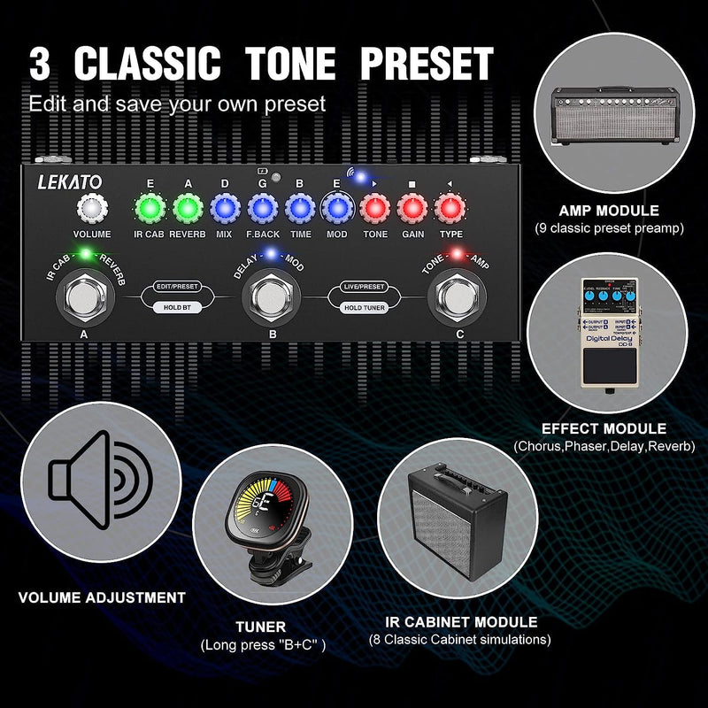 [AUSTRALIA] - LEKATO Multi Effects Guitar Pedal, with IR Loading 9 AMP Models, Delay Reverb Distortion Overdrive Pedal, Rechargable Electric Guitar Effects Multi Pedal Support Recording,Bluetooth 5.0 For Electric Guitar 