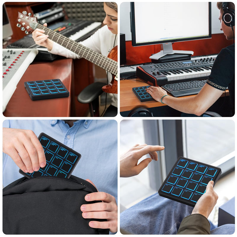 M-VAVE Wireless MIDI Controller Pads, 4.1 * 4.1 Inch, 0.28 LBS, Bluetooth Portable USB with 16 Drum, Note Repeat, Full Level Buttons, Rechargeable battery (Black Pocket)