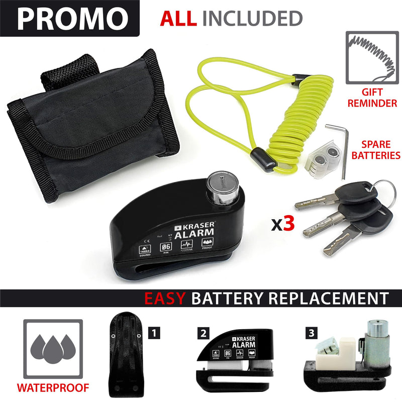 KRASER 6Y Alarm Disc Lock, Reinforced Disc Brake Lock with 3 Keys (Others 2), Heavy Duty Anti-Theft Motorcycle with Alarm,110dB, Weather-Resistant, Reminder Cable, Pouch, Motorbike Moped E-Bike Black