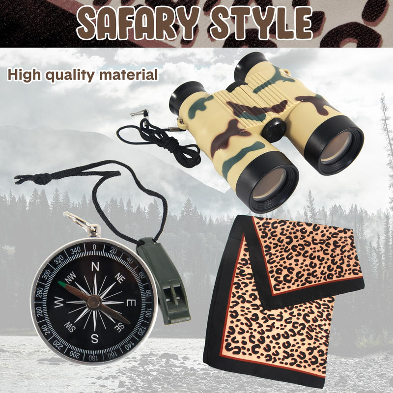 5 Pcs Women Safari Costume Sun Bucket Hat Leopard Neck Scarf Binocular Whistle Compass Safari Outfit Accessories for Halloween Hunting Cosplay