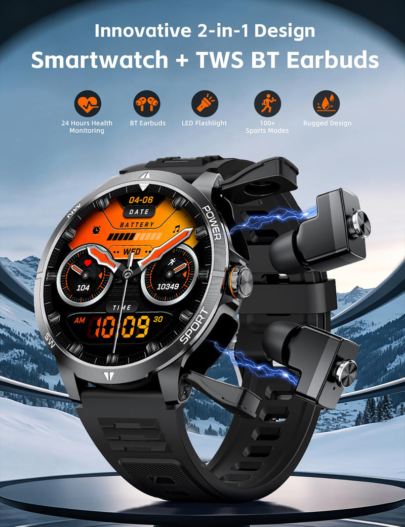Smart Watch with Earbuds for Men,1.7 HD Screen，Double Strap | 2-in-1 Design,Magnetic Earbuds,Configure a steel strap and a silicone strap,Comes with 2 glass screen protectors as a gift Black-GT200