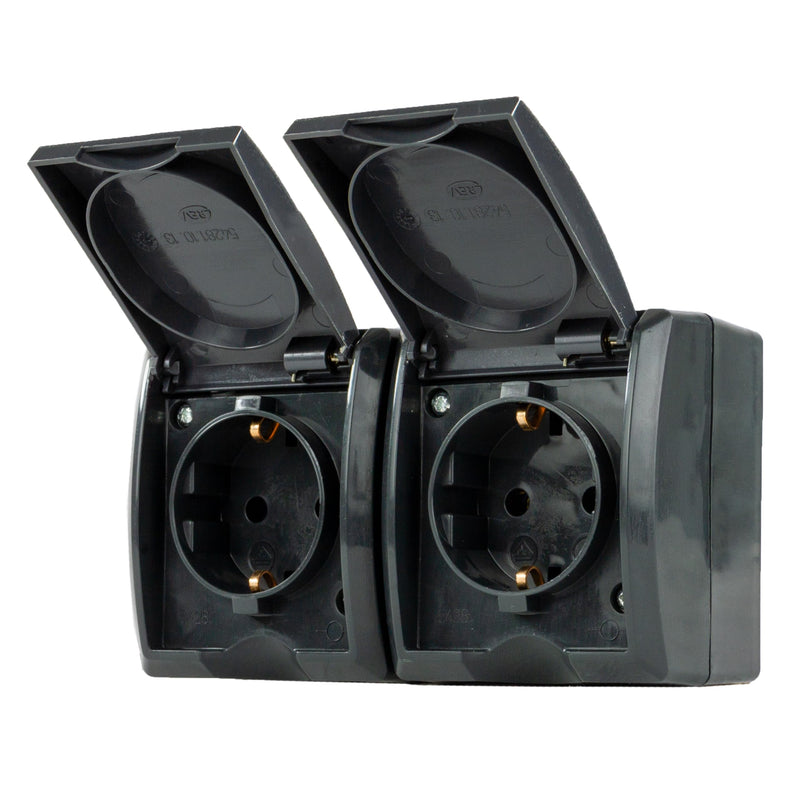 REV AquaForm Double Socket Wet Room Socket IP44 Surface-Mounted Anthracite 1 x horizontal double socket