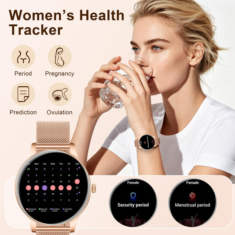 Smart Watches for Women, 1.27" HD Round 3 Bands Rosegold | Fitness Tracker for Android Phones & iPhones, Answer/Make Calls, Sleep Monitor, IP68 Waterproof, 110+ Sport Modes