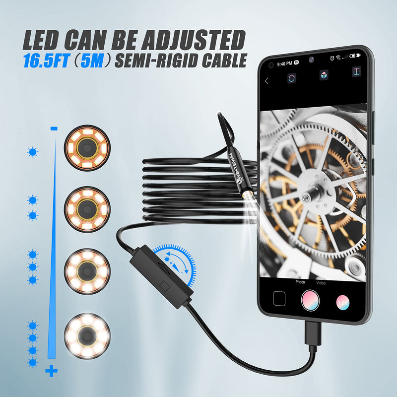 1920P Endoscope Snake Inspection Camera, Lightswim Type C Borescope, Scope Camera with 8 LED Lights for Android and iOS Smartphone, iPhone, iPad, Samsung (16.5 FT/5M) TENG-W400-ONE