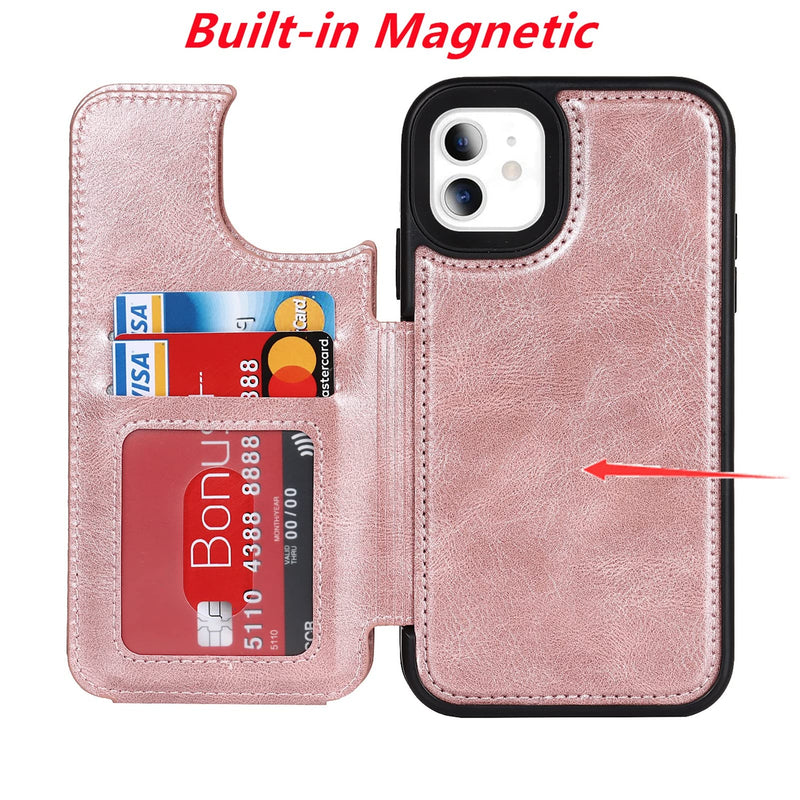 Jaorty for iPhone 11 Wallet Case with RFID Blocking Card Holder,7 Card Slots Heavy Duty Protective Bumper Armort PU Leather Magnetic Buttons Kickstand Case for iPhone 11 6.1 Inch,Macaron Rosegold 7 Card Slots-RoseGold