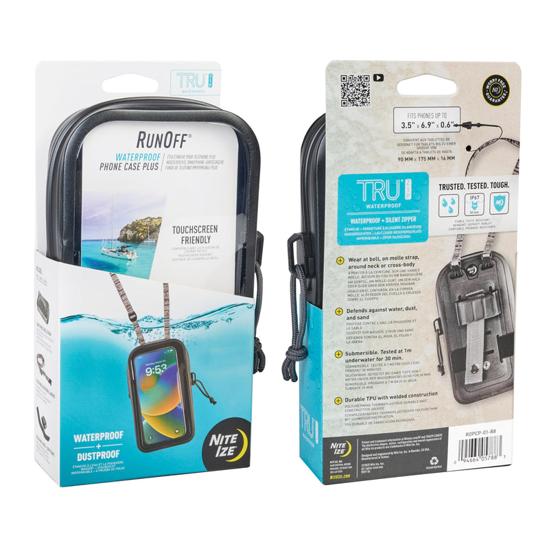 Nite Ize RunOff Waterproof Phone Case Plus - Touchscreen-Friendly, Waterproof Phone Pouch for Travel - Rated to IP67 - Features Adjustable Cross-Body & Snap-On Straps - Includes TRU Zipper Technology