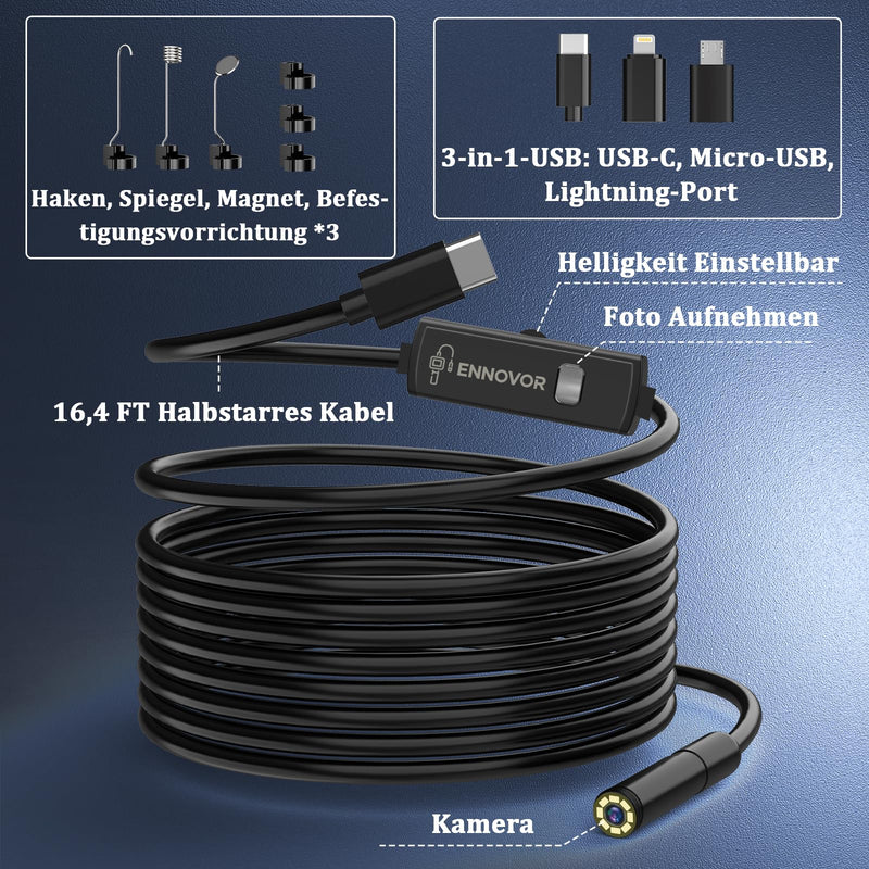 Ennovor Endoscope Camera with Light, 1920P HD Inspection Camera, Channel Camera 7.9mm with 8 LED Light, Waterproof IP67 Tube Camera, No WiFi, for Android & iOS, for Cars | Pipes | Machinery (5M) W401