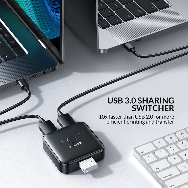 IDsonix USB 3.0 Switch 2 Computers Share 1 Device,1 in 2 Out Or 2 in 1 Out Bi-Directional for Printers/Keyboards/Mice, 5Gbps Plug and Play Switcher, 2pcs A to A 3.3ft Cables,Plastic,Black ABS